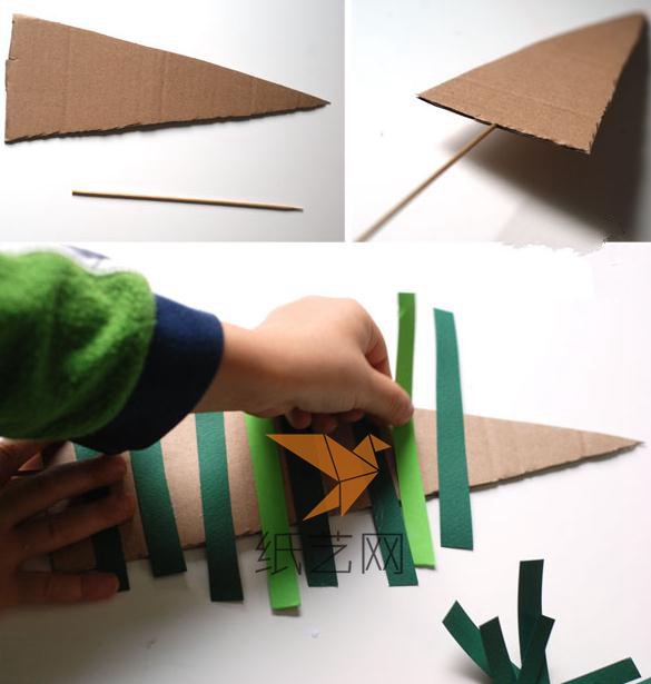把竹签从三角形下面两层纸板之间插进去，然后就可以用胶棒把纸条粘到纸板上面了