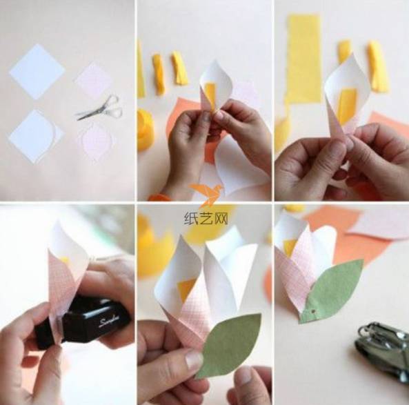 纸张剪成一个一个正方形，用卷的方法做成马蹄莲，黄色胶布做花蕊，绿色纸剪成叶子形状做叶子，就好了