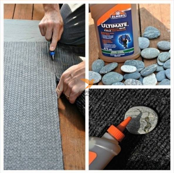 破旧的地毯垫子裁剪出想要的形状，小石头涂上胶水，黏贴在地毯上