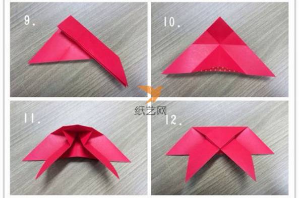 三角形的一侧再折叠下，然后展开，再抓出两边的折角，如图所示