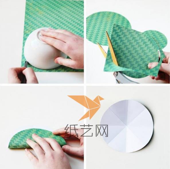 用小碗作为圆形的模版在绿色彩纸上面画圆，然后剪下来，进行对折再对折再对折然后打开