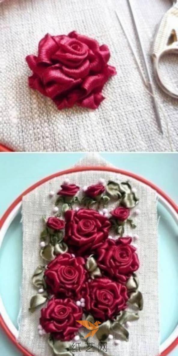 学会做第一朵花以后，继续做更多丝带绣玫瑰效果非常好了