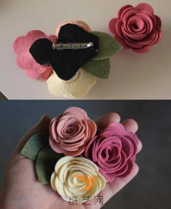 制作几朵不同颜色的不织布玫瑰花，用绿色不织布剪成叶子，就可以贴到一块不织布上面，然后固定到发卡上面啦，超漂亮的圣诞礼物吧。