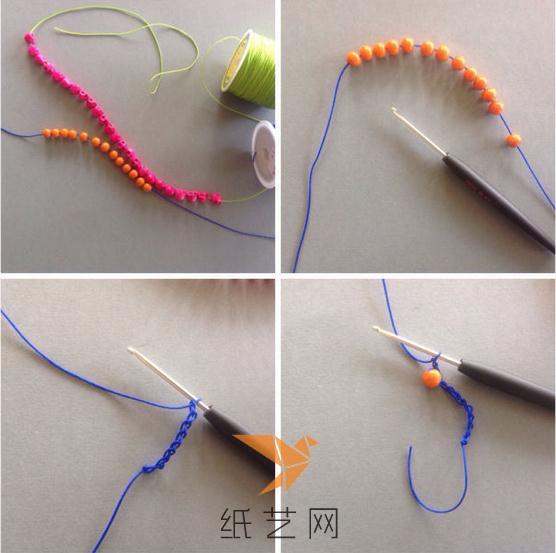 我们先把珠子都串好到钩针线上面，然后用钩针来编织辫子针，一边编织一边可以移过来一颗珠子