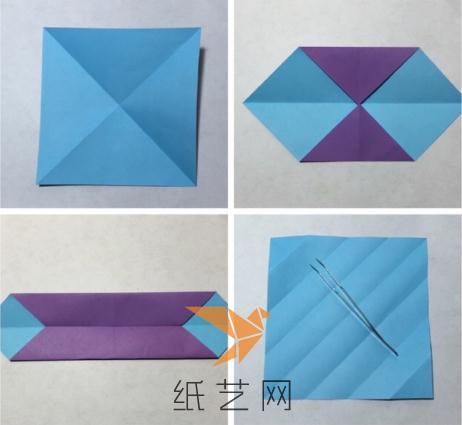 首先我们先来制作折纸小熊，把正方形的纸张线进行折叠，最好是这样两面的颜色不一样的彩纸来折叠