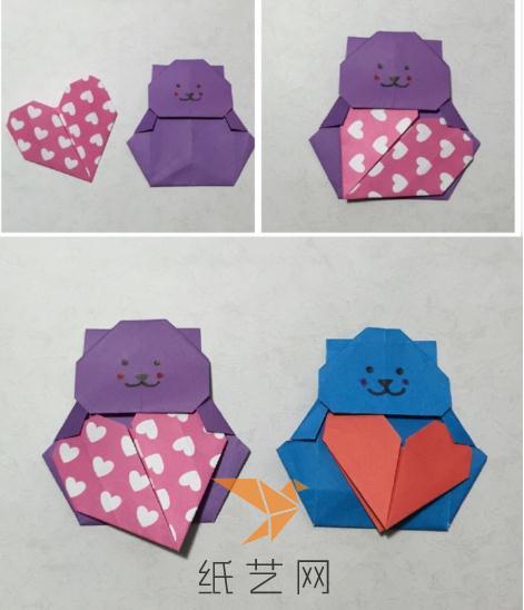 制作好折纸心之后，放到折纸小熊上面就可以啦