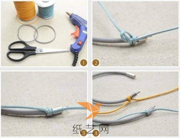把插扣先固定到长度合适的皮绳上面，要准备两根同样长度的，然后同时来进行编织