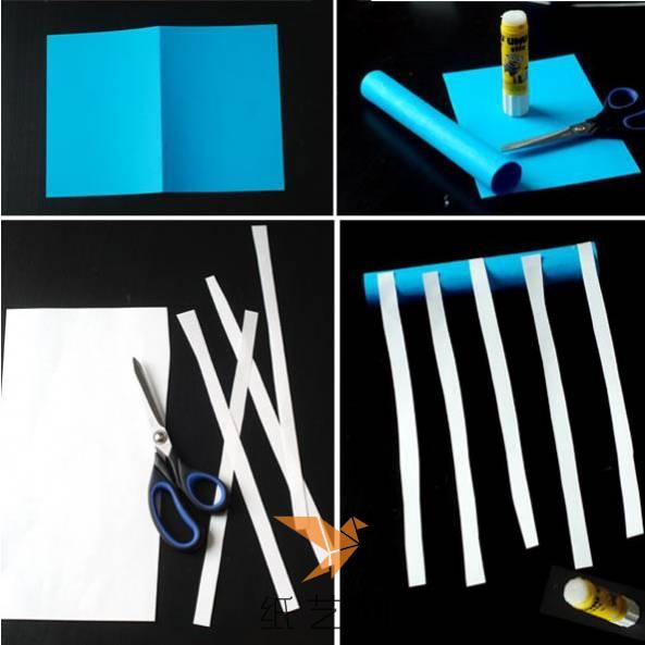 用蓝色的彩纸卷成纸筒，然后将白纸剪成纸条粘到蓝色的纸筒上面
