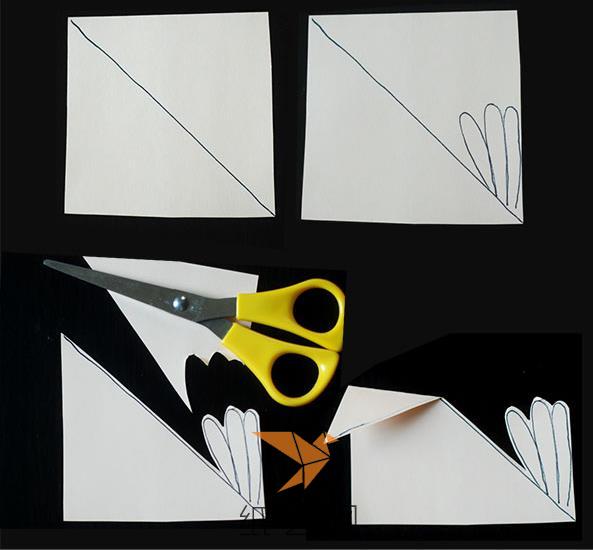 将纸张裁成正方形，然后对角画出连线，在一个角上画出小鸟尾巴来，然后用剪刀剪下来，将上方的角向下折叠一下