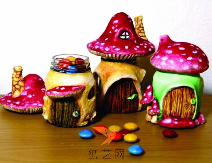 超轻粘土制作的可爱童话小蘑菇房子糖果罐教程