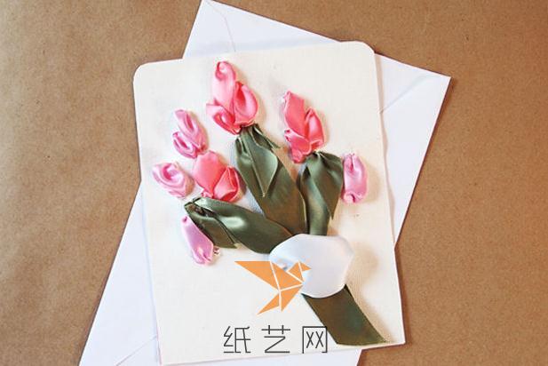 漂亮的丝带绣花朵贺卡制作教程