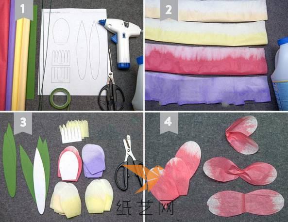 先把皱纹纸剪成长条，然后可以用颜料染上渐变的颜色，剪成花瓣的样子，当然是要从中间拧一下才会有花瓣的感觉