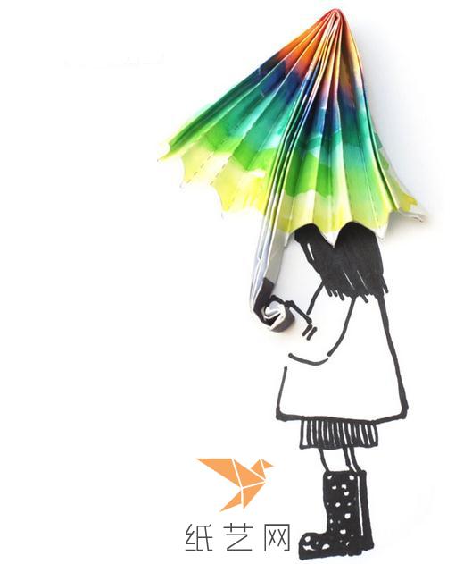 漂亮的撑伞的小女孩折纸画制作教程