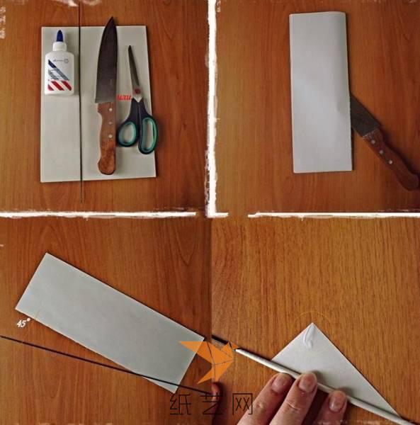 将纸张裁成长方形，然后用一根金属丝来作为辅助，将纸张与金属丝倾斜45度来卷起来，然后用胶水粘一下固定，就是一根纸绳了，当然需要比较大的量，大家要有点耐心哟。