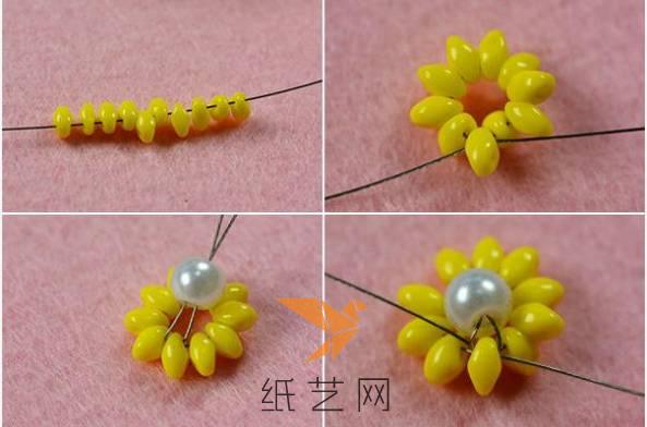 先来制作串珠小雏菊，用黄颜色的珠子来串成一个圈圈，然后中间串上一棵白色的珠子