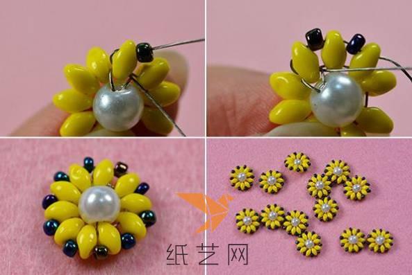 然后用小小的黑色珠子串在两个黄色珠子中间的位置，这样就做好一个个的小雏菊了