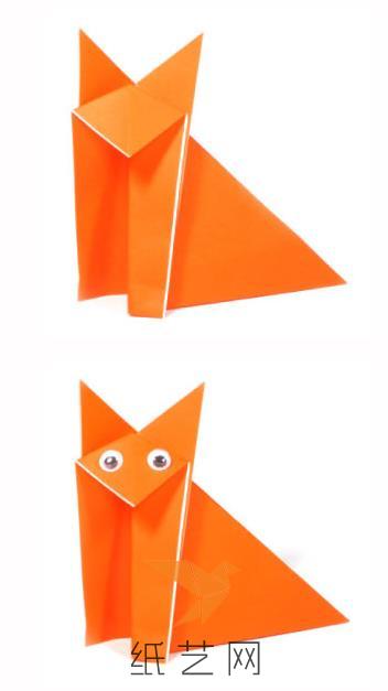 最后，我们在折纸小狐狸上面贴上两只假眼睛就更漂亮啦