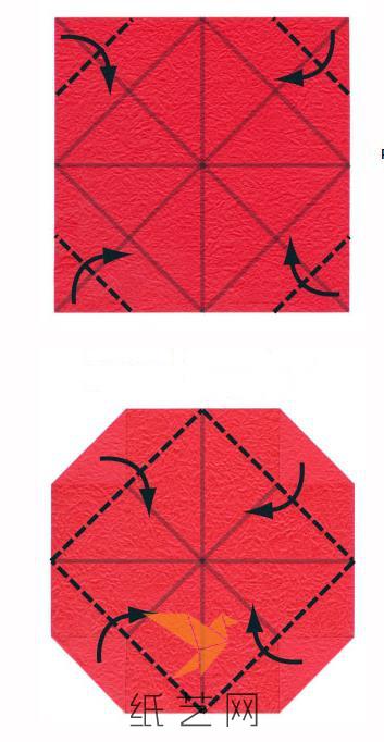将折叠后形成的四个角折叠到上一部折痕的位置，然后再这样向内折叠一下