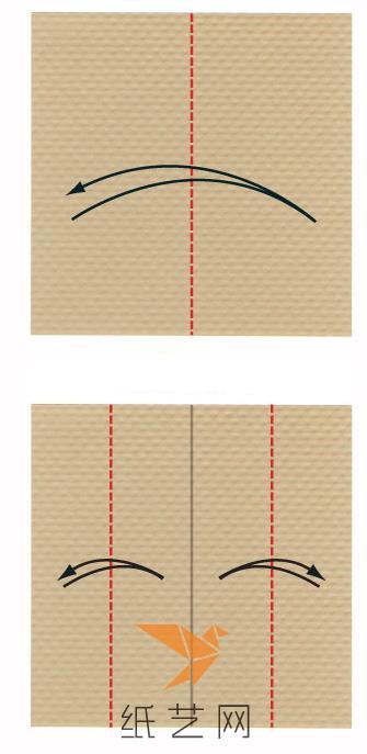 将纸张对边对折，然后打开，将两个边再折叠到中间折痕的位置之后打开