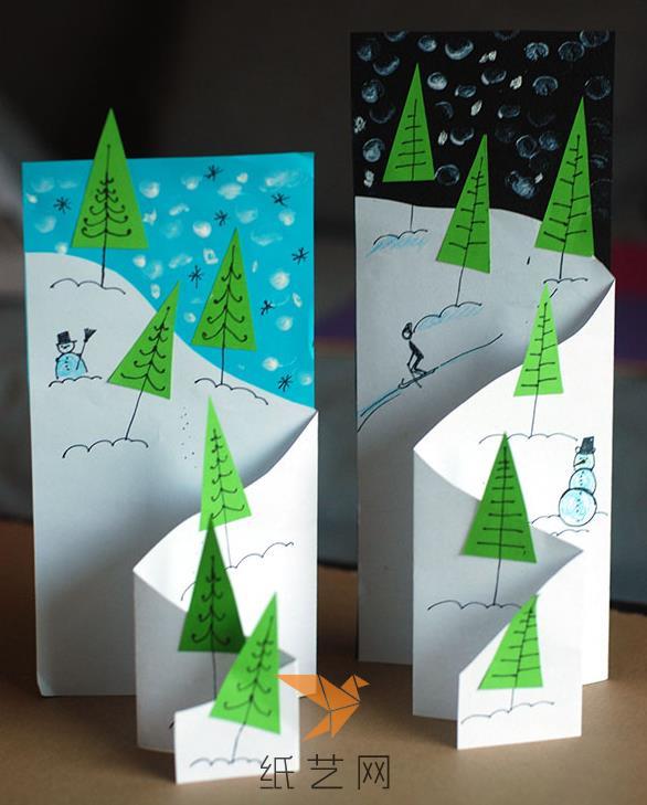 接下来小朋友们就可以在上面画上雪人之类的装饰啦，漂亮的圣诞节贺卡就完成了哟。