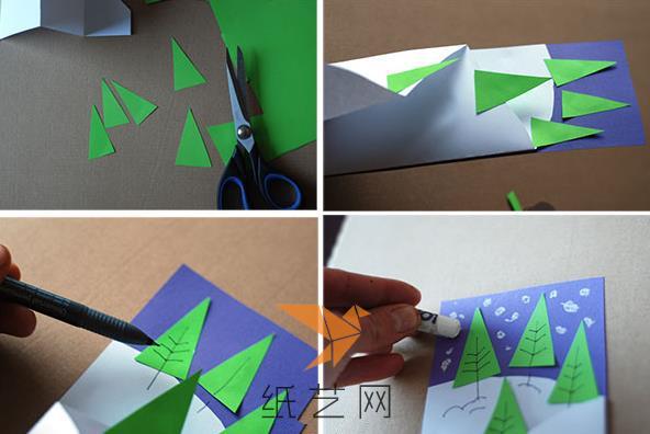 再用绿色的纸张剪成小三角形，就像是圣诞树松树的样子，粘在前面的白纸上面就可以了