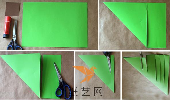 将绿色的彩纸剪成这种两端对称有须须的样子
