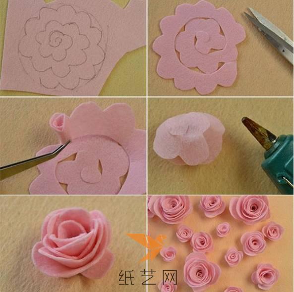 将不织布上面画上这种螺旋，然后用剪刀剪开，再卷起来，用热熔胶粘好，就是玫瑰花的样子了，是不是很简单，很快就可以制作很多这种玫瑰花了