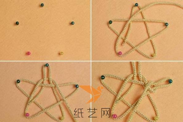 在板子上面先用珠针钉好五角星五个角的位置，然后就可以用绳子来进行编织了