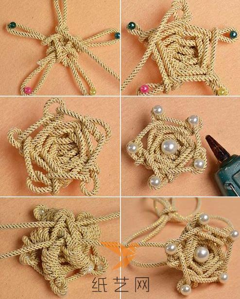 继续来有规律的编织就可以完成这个五角星了，之后从珠针上面取下来，然后在五个角的位置粘上珠子就是漂亮的五角星啦