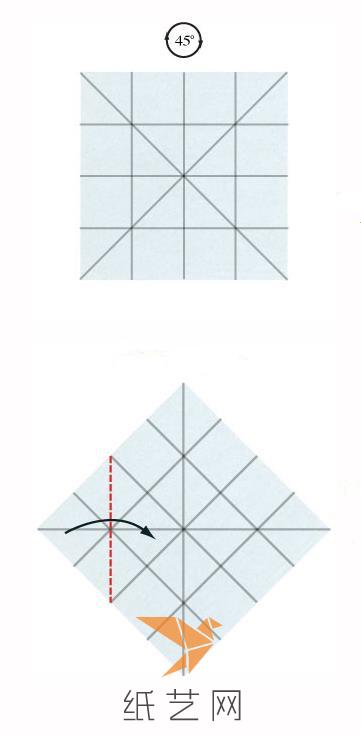 将制作好折痕的纸张旋转以下，然后将左边的角折叠到中心点的位置