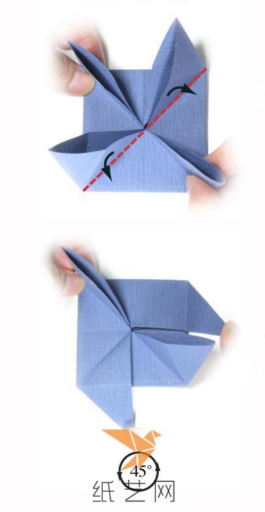 折叠后就是这样四个角立起来的样子，然后将两边的角向后压倒