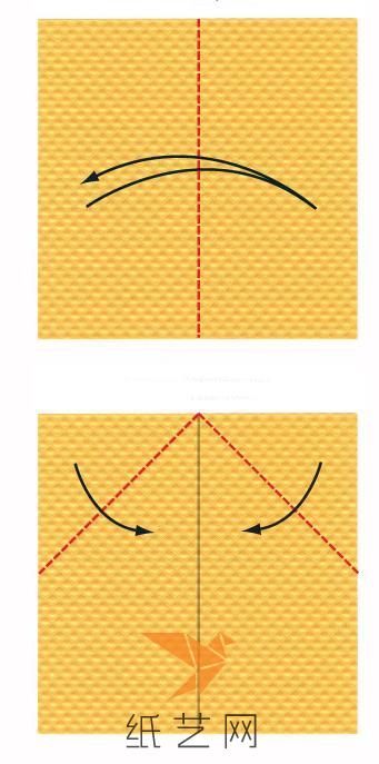 将纸张的对边进行对折，然后打开，将上面两个角折叠到折痕的位置