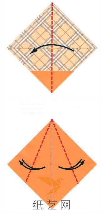 同样的对折，然后将上面的两个边折叠到中间位置之后打开