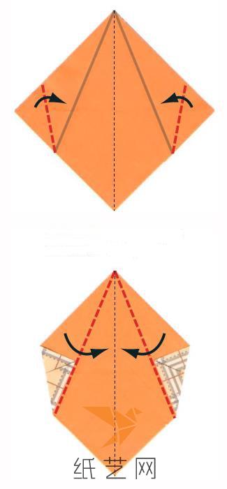 再将两边的角折叠到折痕的位置，再按照折痕的位置向中间折叠一下