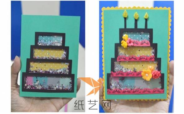 用衍纸来制作蜡烛等部分进行立体贺卡封面蛋糕的装饰