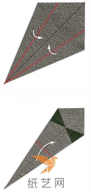 将前面的折边继续折叠到中间折痕的位置，然后再将两个角进行对折
