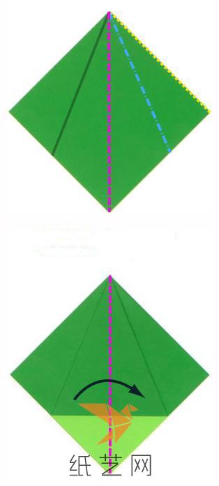 将右边边的部分撑开，然后在中间的位置压折平整，然后将左边折叠到右边