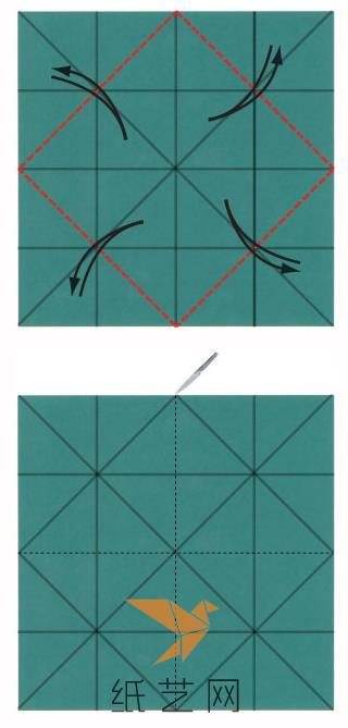 再将角折叠到中心点的位置，打开，用美工刀将纸张分成四个小正方形