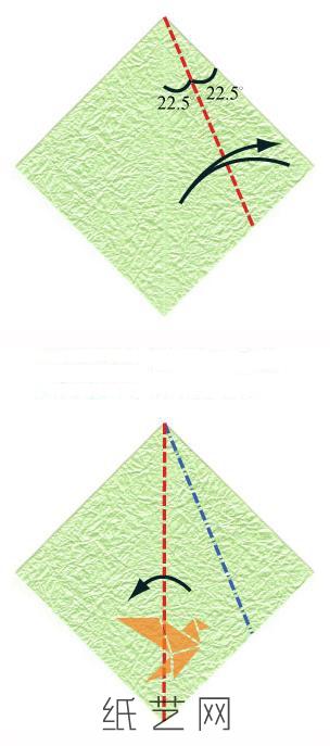 将右边的边折叠到中间的位置，然后打开，之后将右边撑开，按照折痕的位置进行折叠，蓝色为山痕，红色为谷痕