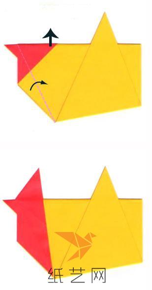 将折纸公鸡前面的角向上提，然后顺势将前方的边进行折叠