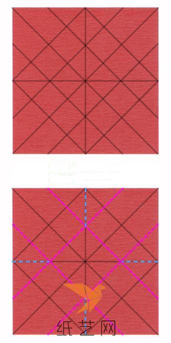 这样折痕就制作好了，下面找到教程中的这几条折痕，蓝色的折叠为山痕，红色的折叠为谷痕