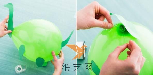 接着就可以将气球吹起来了，然后只需要将彩纸粘到气球上面就可以做好这个恐龙气球啦。