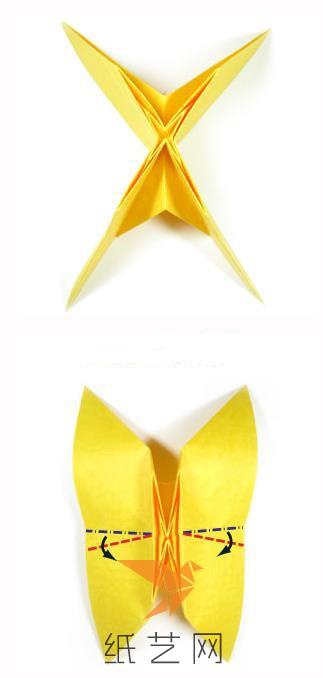 折叠完成之后，将折纸蝴蝶翅膀的部分展开，然后进行折叠就可以