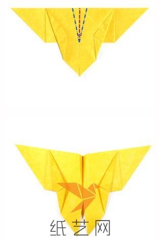 将折纸蝴蝶的顶上部分来进行折叠，这样折纸蝴蝶就会显得立体了