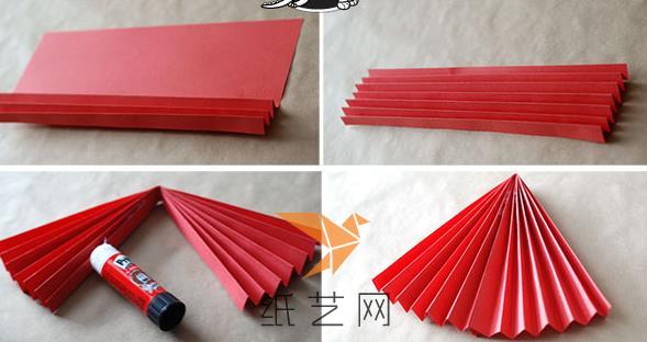 将红色的纸张进行折纸扇子一样的折叠，然后用胶水粘好