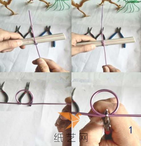 首先我们要先用一个棍子来作为辅助工具，将金属丝圈成一个环形