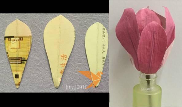 花苞用小一号的花瓣模板，用同样方法做好大、中、小各3片花瓣并组装成花朵，整理成花苞形状，花苞中间可不用花蕊。
1号花瓣：7.8cm、3.2cm
2号花瓣：8.3cm、3.7cm
3号花瓣：7.2cm、2.7cm