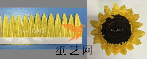 把黄色的伸缩纸剪成宽约25mm长纸条，在一边贴上宽约5mm的双面胶，将另一边剪出如图所示宽约3mm的花瓣，将剪好的长纸条贴在花盘上至花盘直径约30mm。