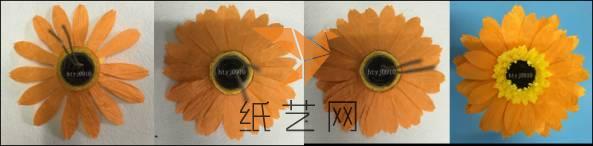 将剪好的若干张花瓣粘贴在花盘的周围（注意花瓣分布均匀，共粘贴3层花瓣），可参考向日葵花瓣的粘贴方法。