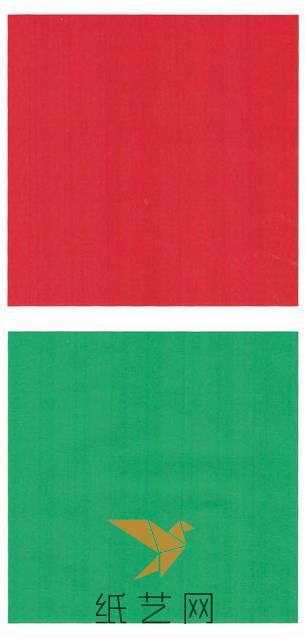 这里我们用的纸张是正面红色背面绿色的彩纸，大家也可以用其它颜色的纸张